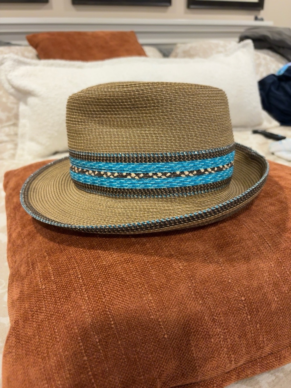 Eric Javits New York Woven Fedora Hat Brown Turquoise Packable - Picture 4 of 10